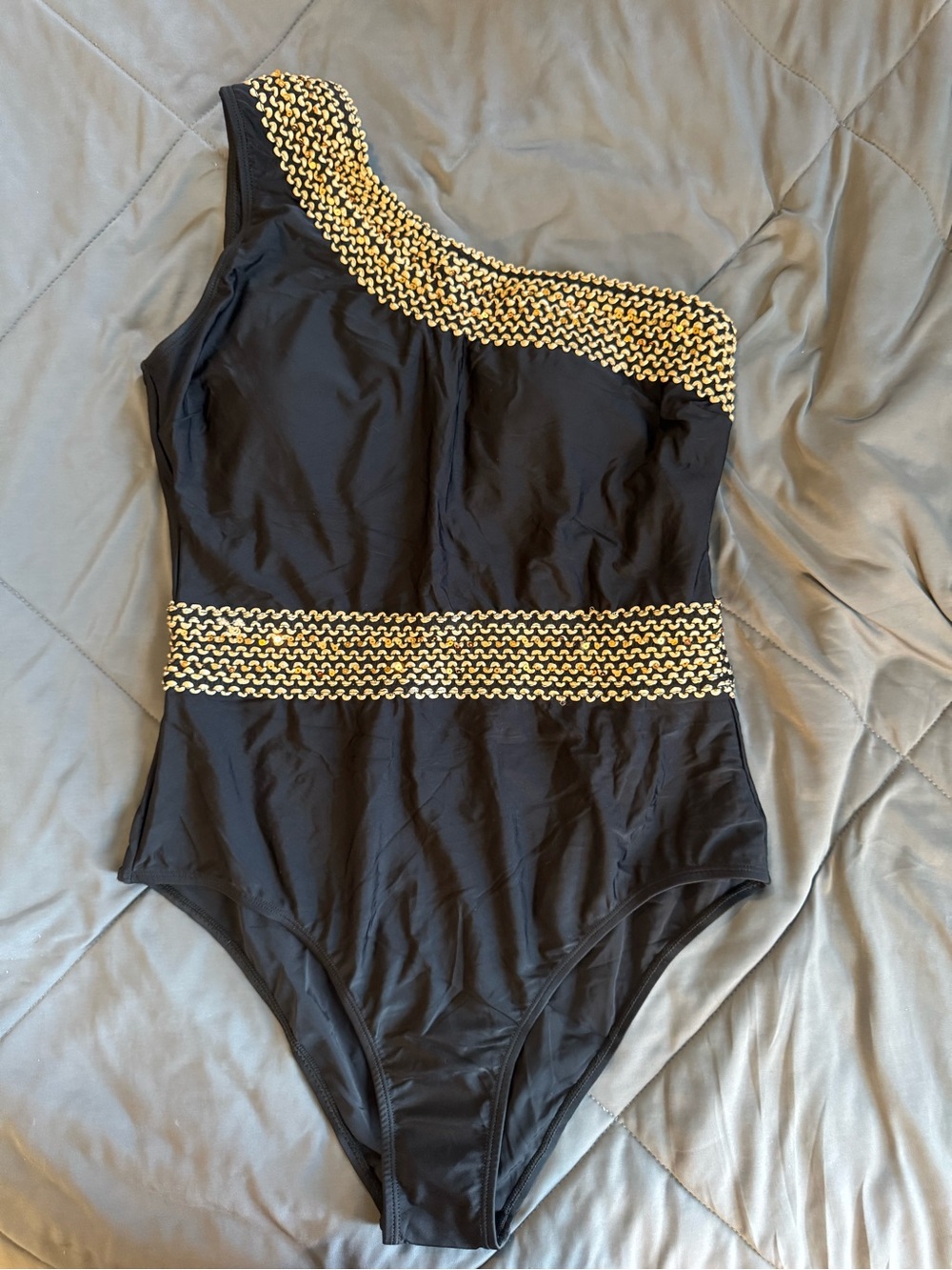 Cupshe Black One-Shoulder Swimsuit with Gold Braided Trim